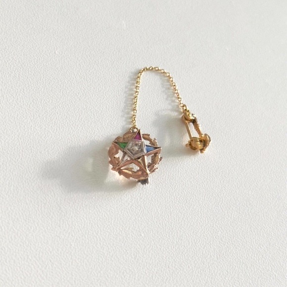 Vintage 10K Yellow Gold Eastern Star Masonic Diamond Multi-Gemstone Pin - Picture 10 of 10